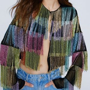 Nasty Gal Multi Color Patchwork Beaded Jacket